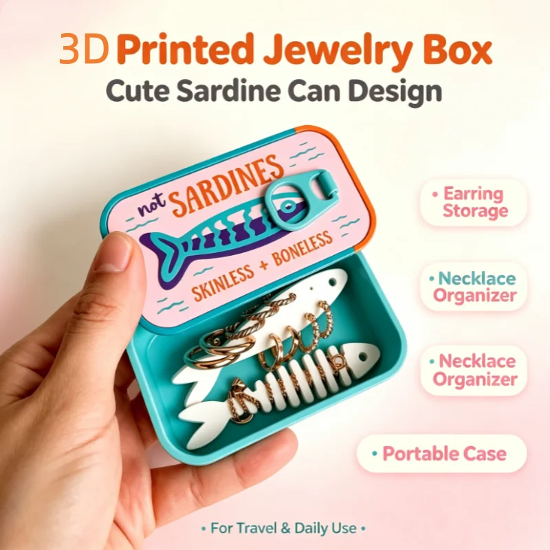 Accessories Travel Jewelry Box - Sardinen-Print Mini-Aufbewahrungsbox aus Blech, tragbare Schmuck-,
