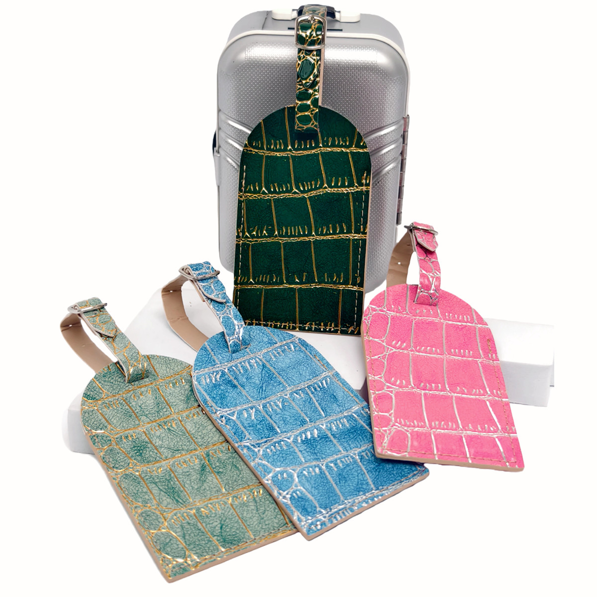 Travel Accessories Name - Gepäckanhänger mit Krokodilprägung, gold-/silberfarbener Rand, Hängeanhänger,