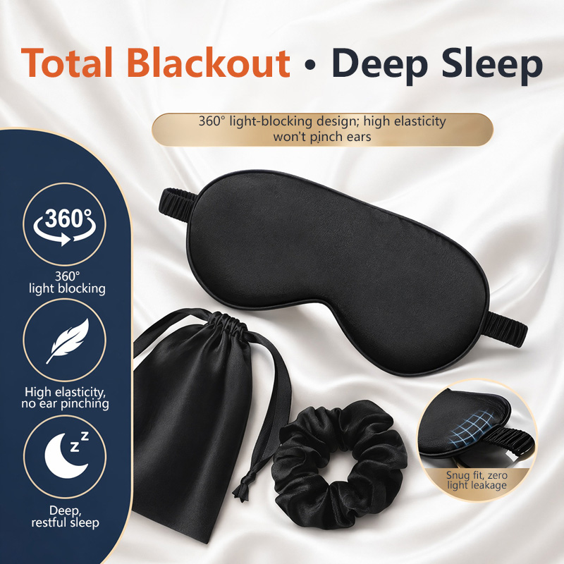 Travel Accessories Set - Seiden-Augenmaske, 3-teiliges Set, lichtblockierend, druckfrei, Schlaf-Augenabdeckung,